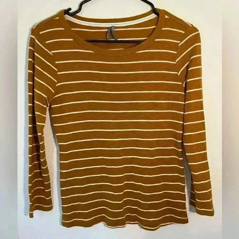 Anthropologie Mustard Yellow and White Horizontal Stripes Quarter Sleeve T Sz XS
